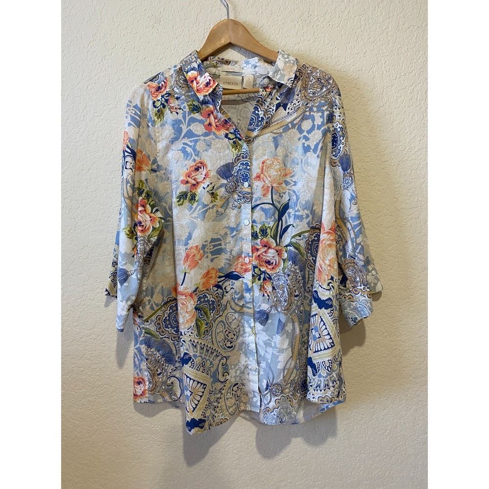 Chicos No-Iron Linen Button Up Shirt Size XL Floral Coastal Beach Pleated Tunic